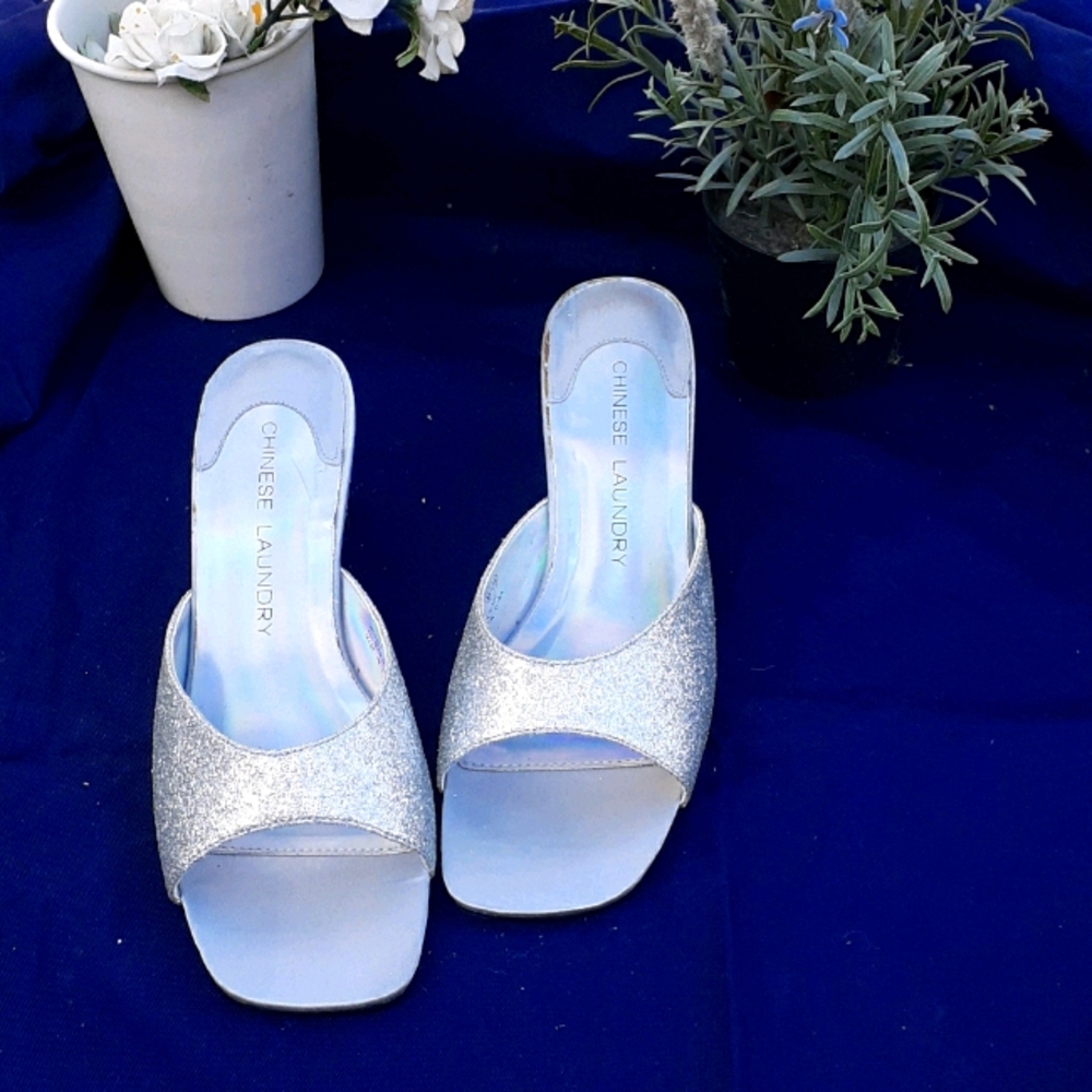 Sparkly Silver Open Toe Pump Heels